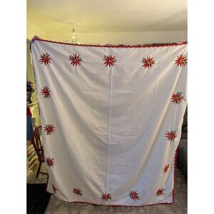 Vintage Christmas Tablecloth 62x56 White Embroidered Poinsettias Rectangle